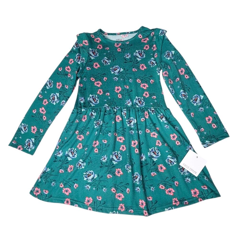 Falls Creek Sweater Dress Girls Med 7/8 Green Teal Pink Floral Long Sleeve New